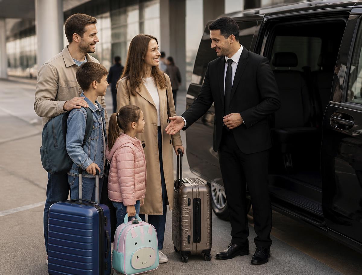 Family with luggage being welcomed by an airport transfer driver