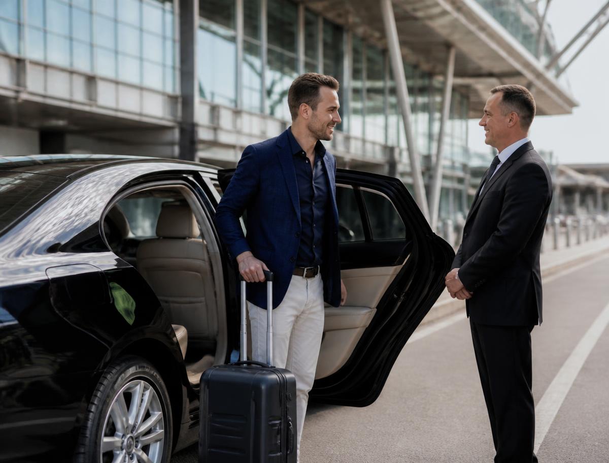 Business traveller met by a professional driver at the airport