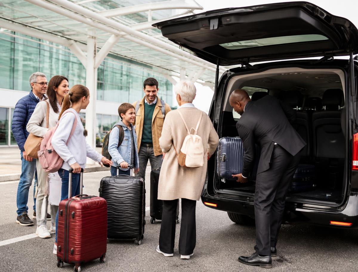 Group of travellers loading luggage into a transfer van
