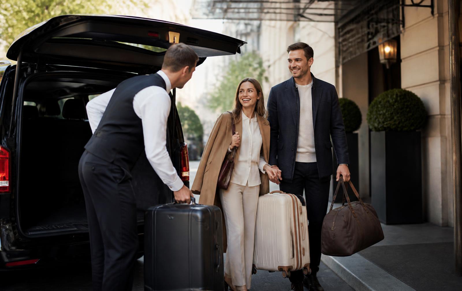 Driver helping travelers unload luggage outside their hotel