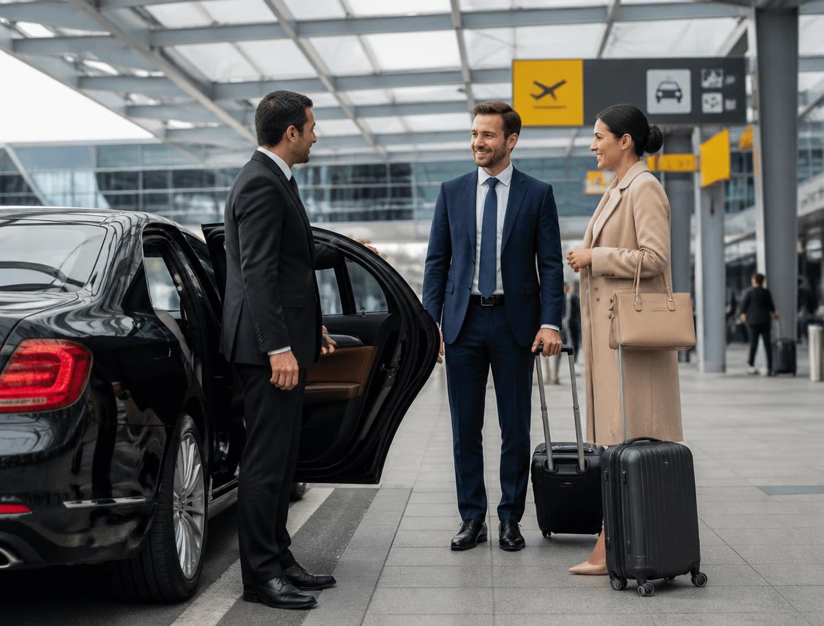 Professional chauffeur standing beside a private transfer car at the airport