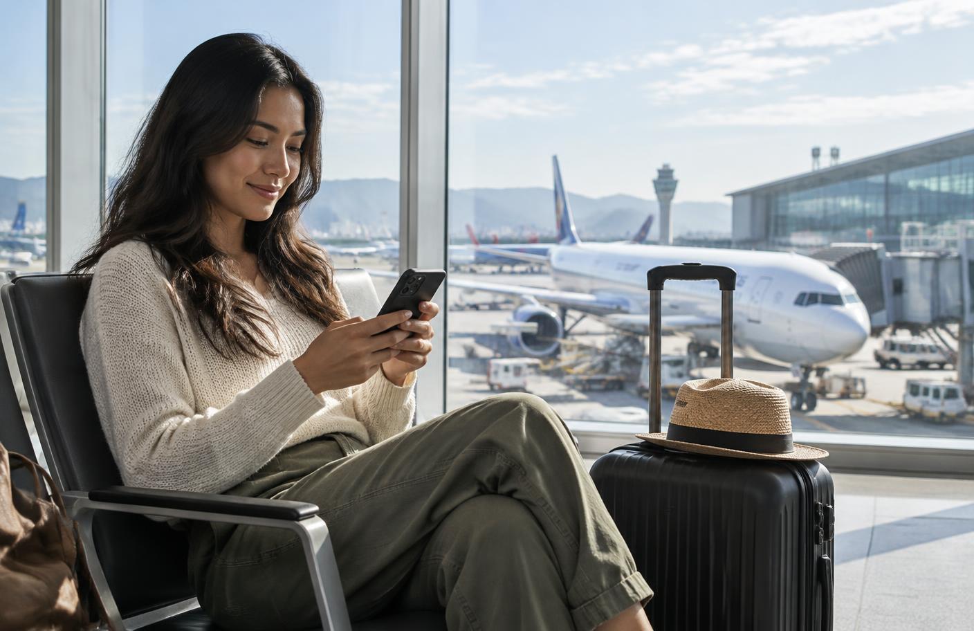 Traveler checking phone compatibility at an airport