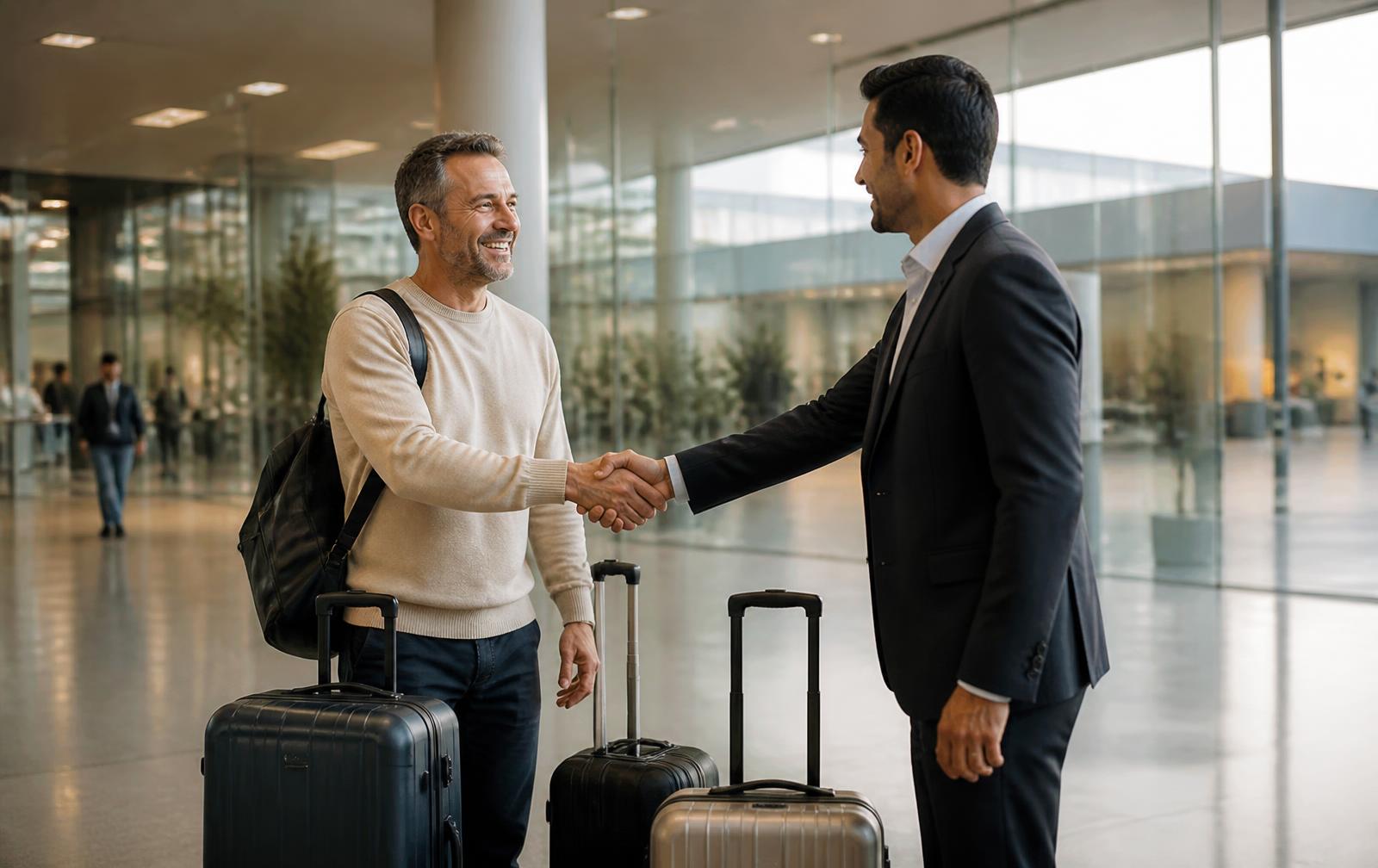 Arriving traveler meeting a professional airport transfer driver with luggage