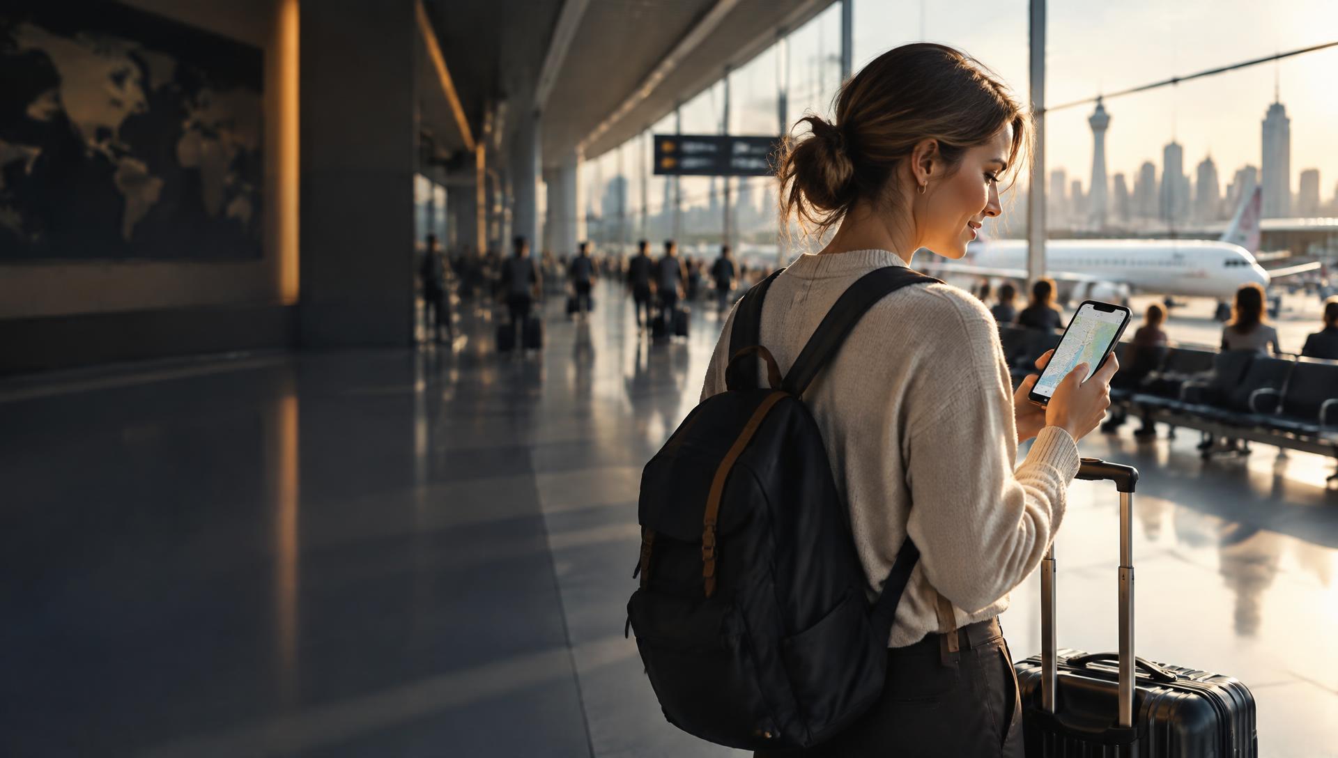 Traveler using a smartphone after arriving at an international airport