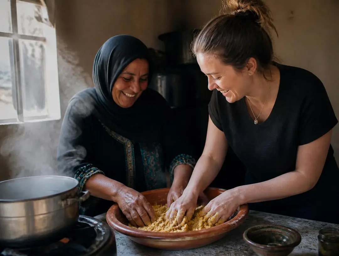 A local woman teaching a traveler to prepare a traditional dish in her home kitchen