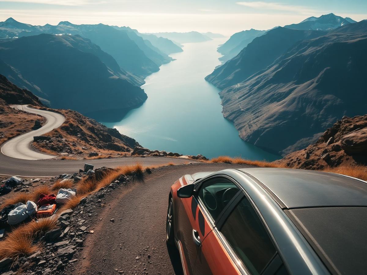 Car on a winding mountain road high above a deep blue fjord