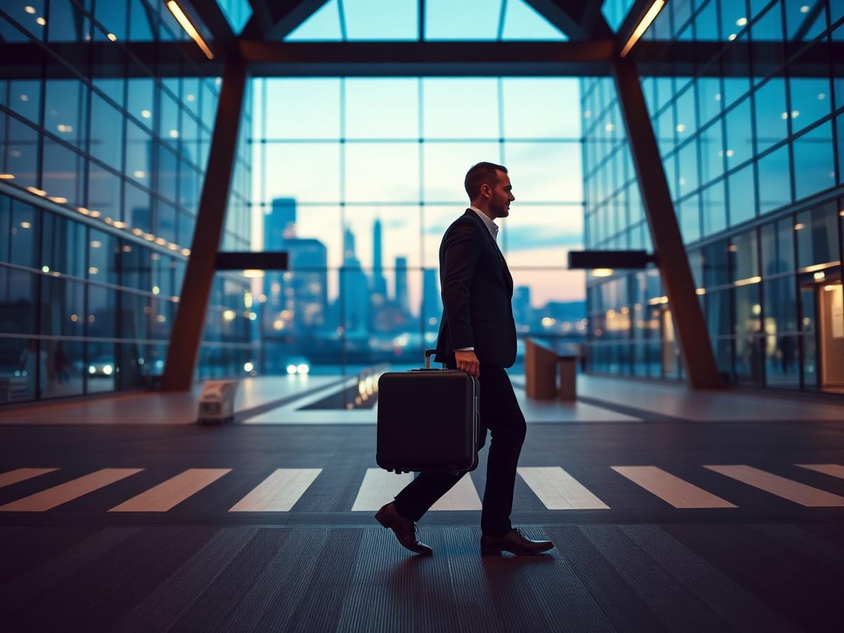 Business traveller crossing a glass airport terminal at blue hour with a city skyline beyond