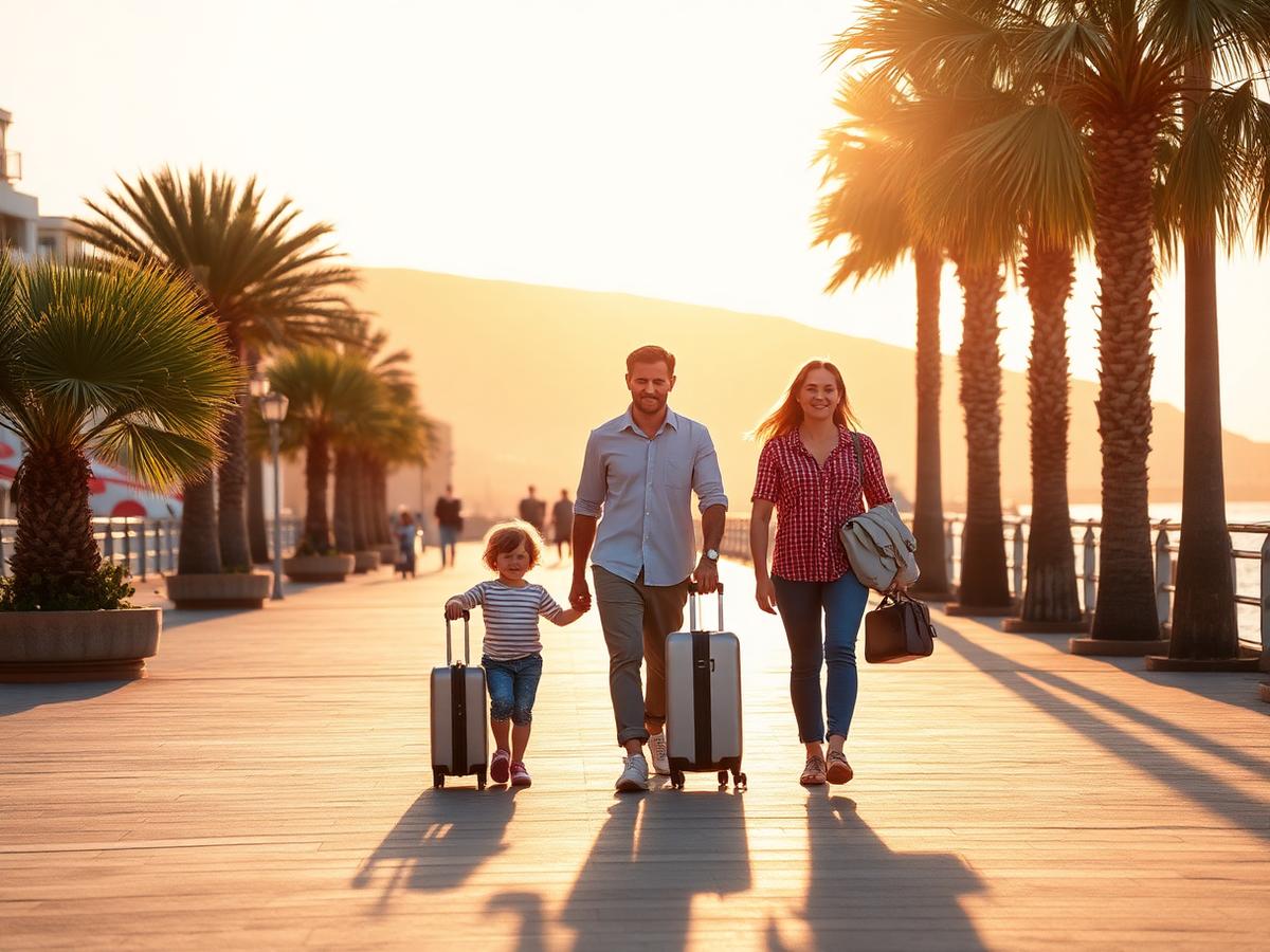 Family walking with suitcases along a sunlit coastal promenade lined with palms