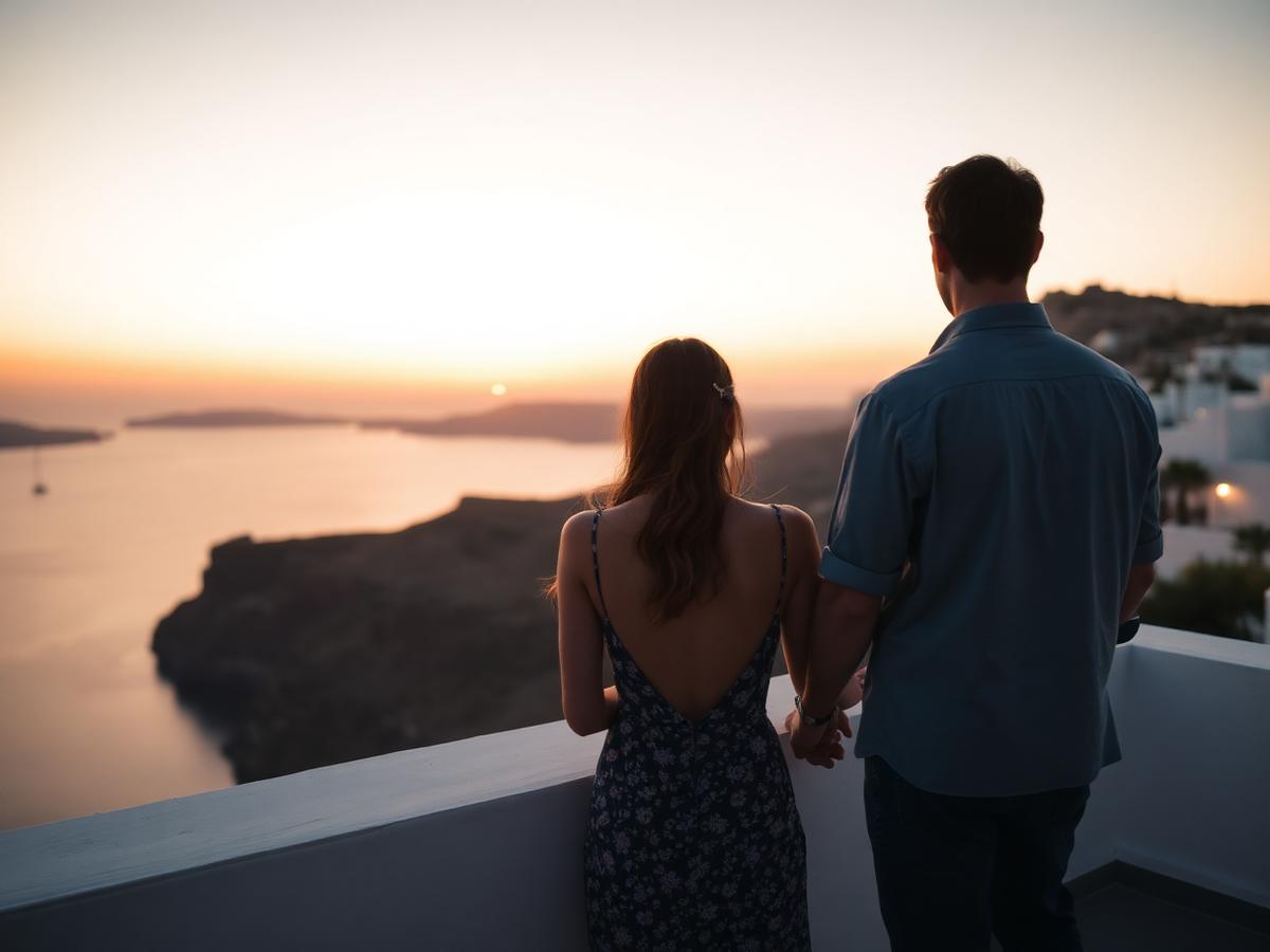 Couple watching the sunset from a white terrace above a Greek island caldera