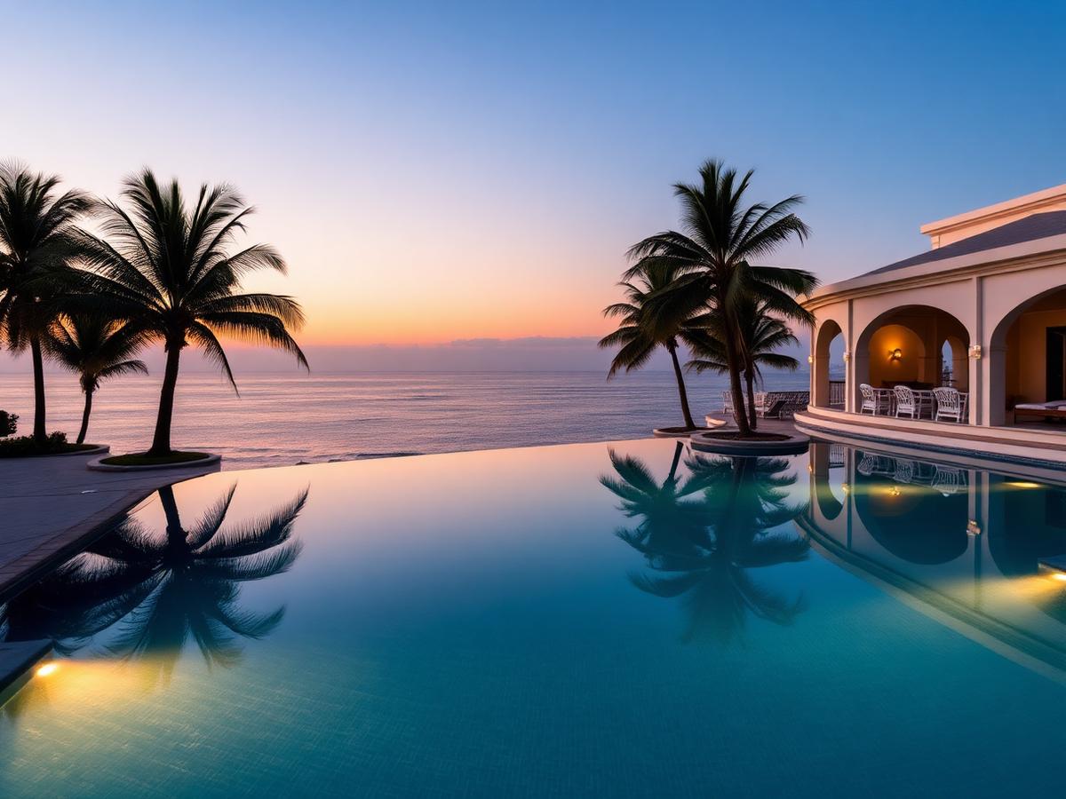 Infinity pool at a luxury resort at dusk with palms reflected in still water