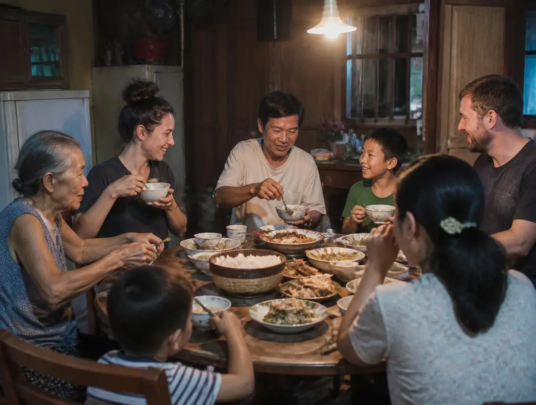 A family and their guests sharing a home-cooked dinner around a crowded table