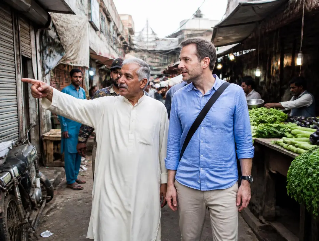 A local resident showing a visitor around their everyday neighbourhood market