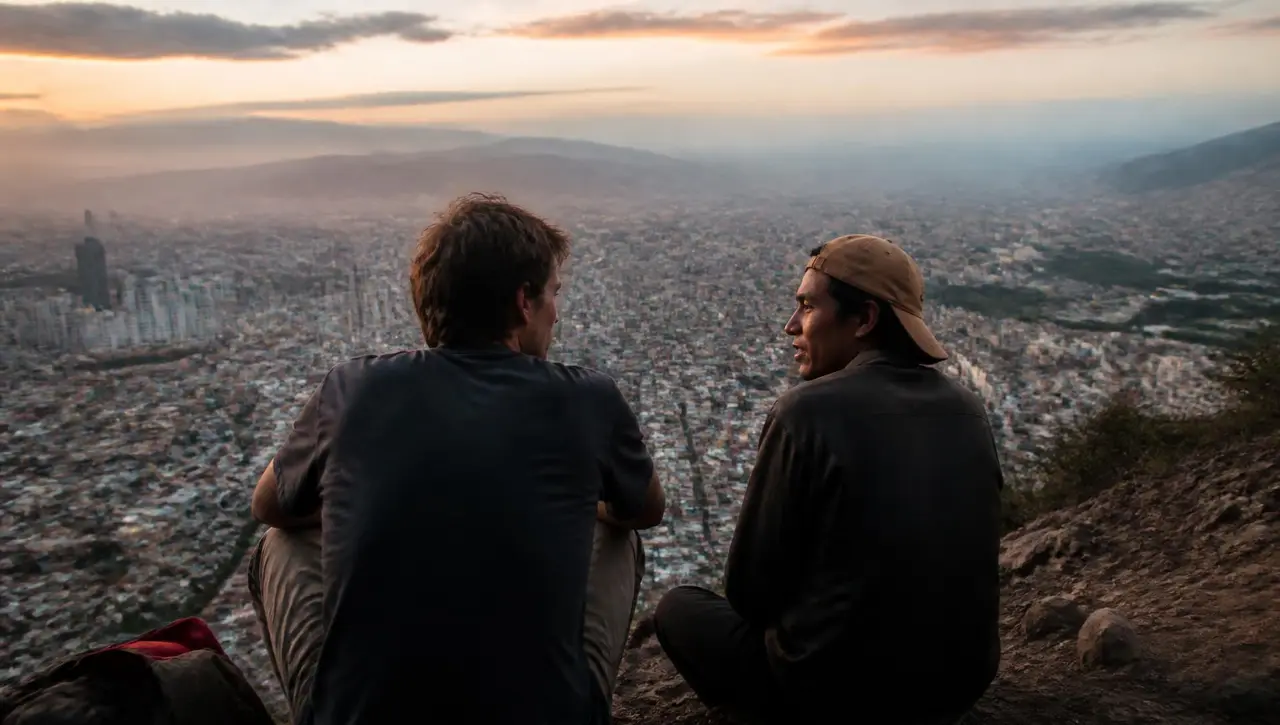 A traveler and a local friend looking out over a city at dusk