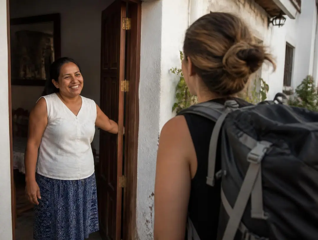 A host welcoming an arriving traveler at the door of her home