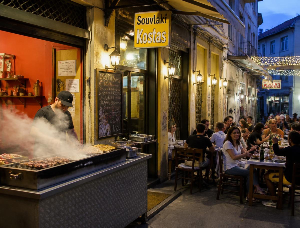 Food tour scene in Athens, Greece