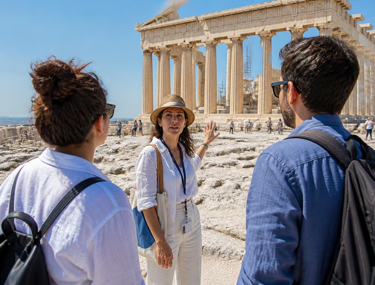 Private tour guide with travellers in Athens, Greece